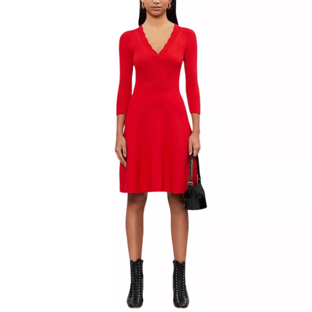 Claudie Pierlot Red Scalloped V Neck Knit Midi Dress FR 38 / US Size 2